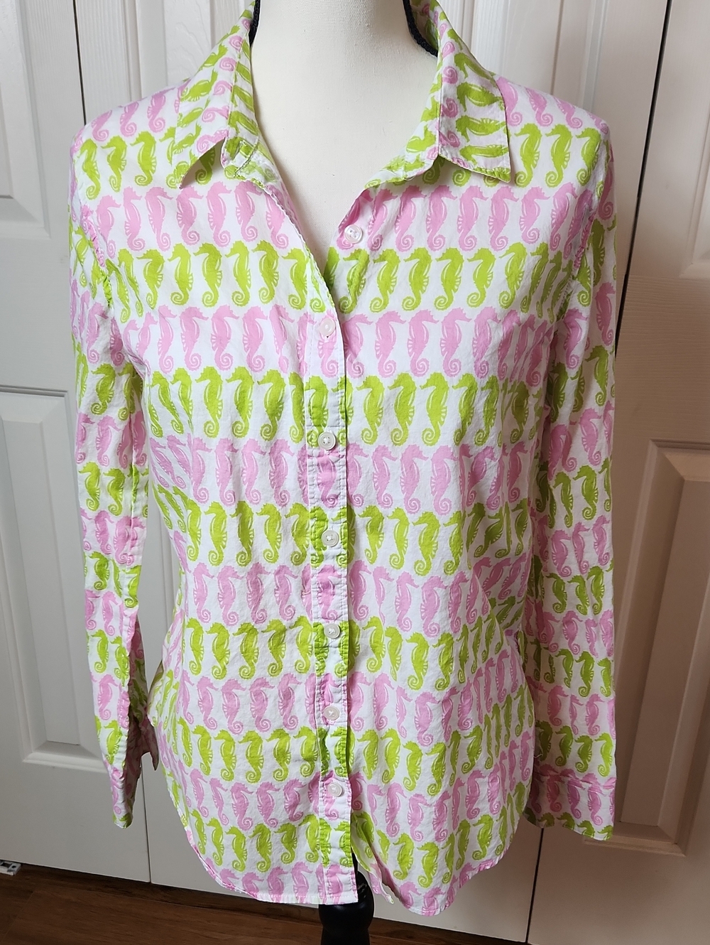 crown & ivy Pink and Lime Seahorse Print Shirt